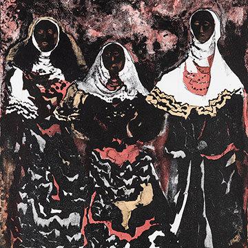 3 abstract figures painted in dark colors with white head scarves